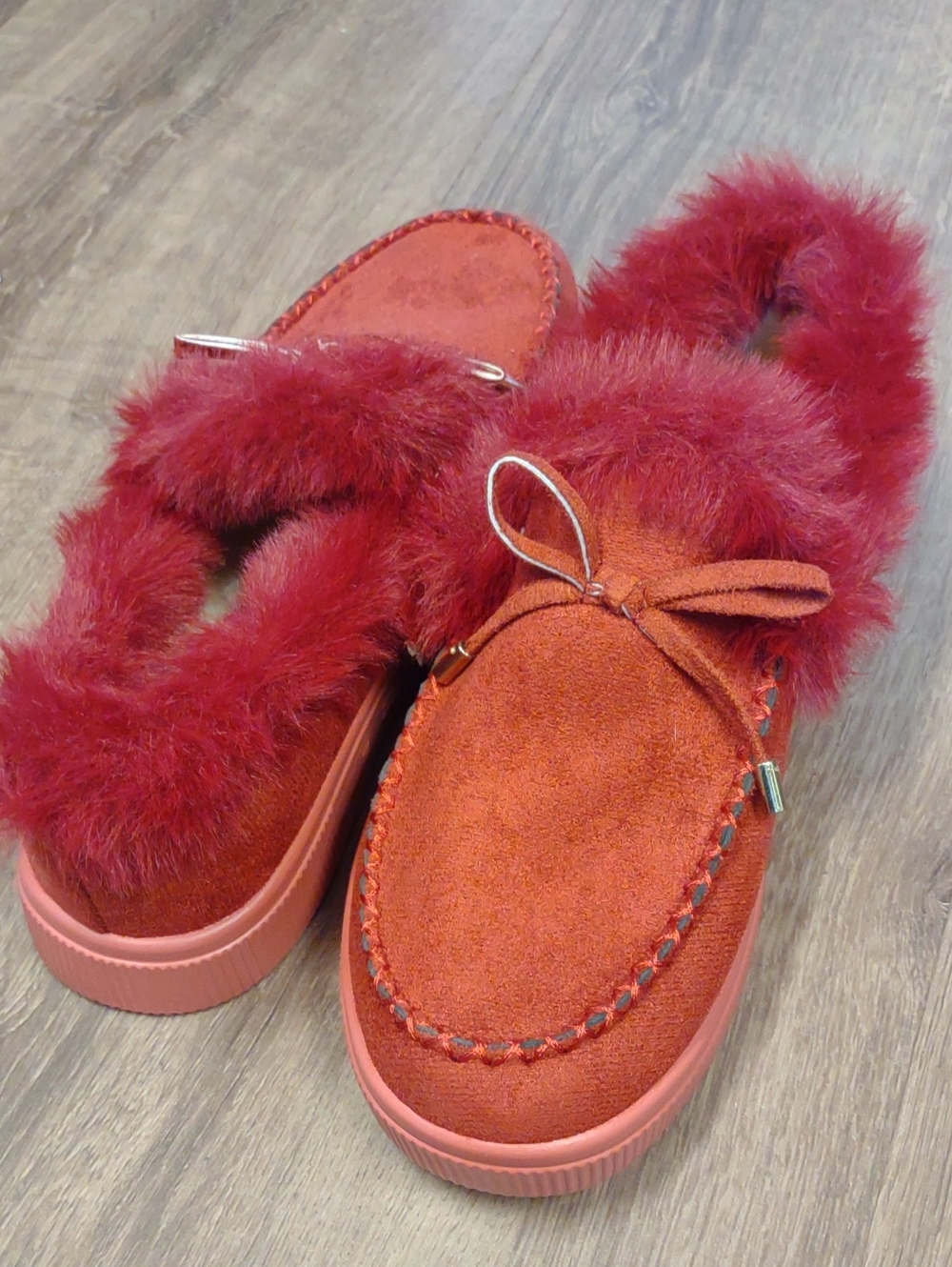 Women's Red Faux-Fur Suede Slip-On Loafers